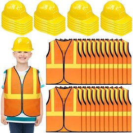 24 Pcs Kids Construction Vests & Hats, Small Orange Safety Vest Hard Hat for Birthday Party Supplies, Worker Role Play, Students