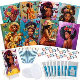 Tenceur 72 Pieces Pre Drawn Canvas Kit 8" x 10" Paint and Sip Kit for Adults Painting Party Pre Printed Canvas DIY Pre Stenciled Canvas with Paints Easels Aprons Brushes for Party Gifts(Black Girl)