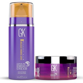 GK HAIR Global Keratin Leave In Bombshell Cream (100ml / 3.4 fl. oz) Blonde Hair Smoothing Cream and Ultra Blonde Bombshell Masque (200g/7.5oz) Toning Color Pigments.