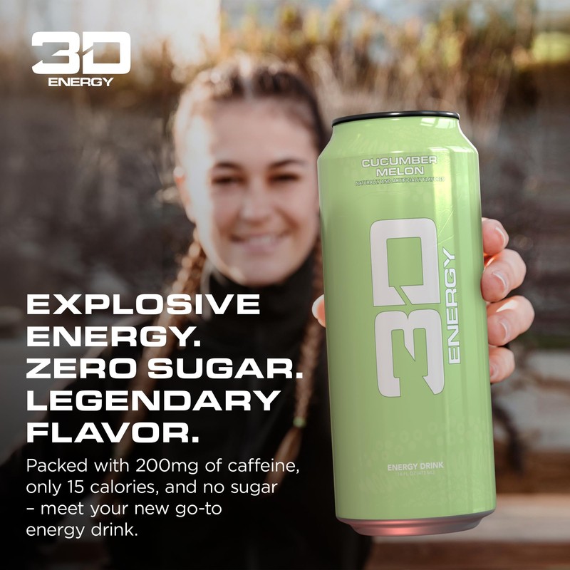 3D Energy Drink – Cucumber Melon, Sugar Free, 200mg Caffeine,
