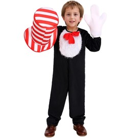 Angenster Dr Seuss Costume Crazy Cat Fancy Dress Jumpsuit for Kids, Cat in Hat Costume with Onesie Gloves Hat, World Book Day Fancy Dress Cat Costume for Kids (Kids, XL)