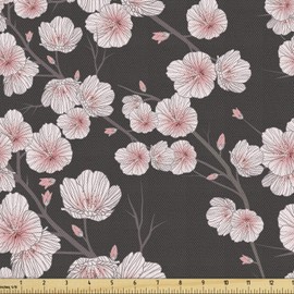 Ambesonne Cherry Blossom Fabric by The Yard, Fresh Nature Theme Branches with Blooms and Buds Rustic Japanese, Decorative Fabric for Upholstery and Home Accents, 1 Yard, Brown White