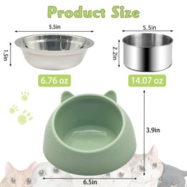Hamiledyi Raised Cat Bowls 4 PCS - 15° Tilted Elevated Stainless Steel Food & Water Bowls for Anti-Vomiting, Spill Proof - Detachable Pet Dish Set for Cats/Kittens Feeding (Blue+Green, 200+400 ML)