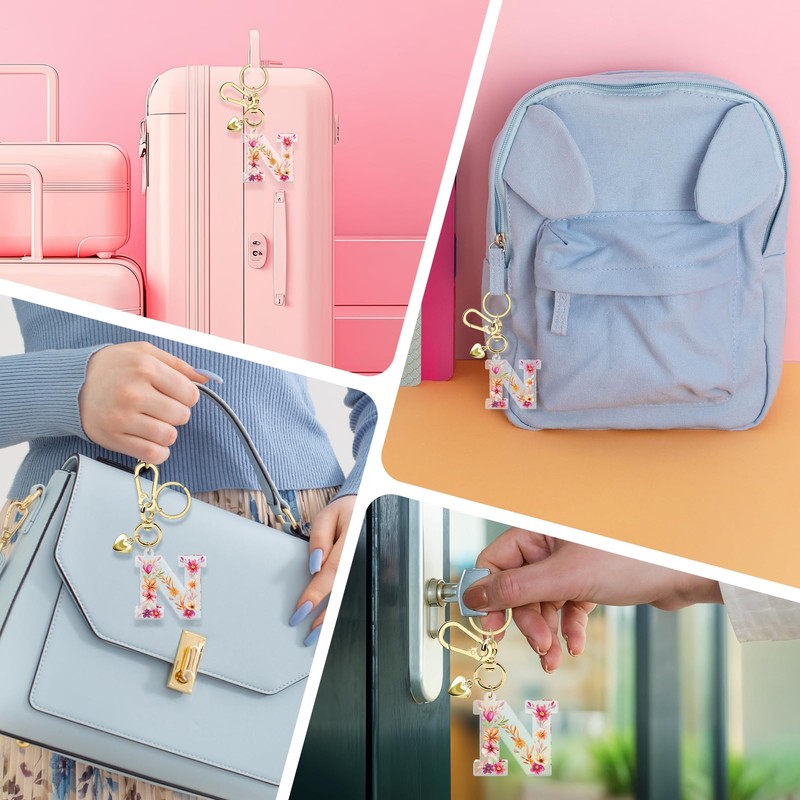 Initial Letter Keychain N Alphabet Keychain with Gold Resin Heart