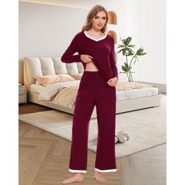 Atxnn Womens Pyjamas Set Soft Nightwear Autumn Winter Pjs Comfy V Neck Loungewear Two Pieces Long Sleeve Long Pant with Pockets for Spring, DARKRED M