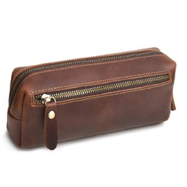 WONDERPOOL Pen Case Real Leather Pencil Pouch Markers Holder Big Capacity Bag with Side Zippered Pocket Sleeve for Stationery Makeup Utensils Organizer (Coffee)