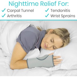 Vive Night Wrist Splint Brace - Left, Right Hand Sleep Support Wrap - Cushion Compression Arm Stabilizer for Carpal Tunnel, Men, Women, Kids, Sleep, Tendonitis, Athletic Sports Pain (Gray)