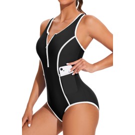 beautyin One Piece Black Athletic Swimsuits for Women Zip Front Tummy Control Bathing Suit Swimwear