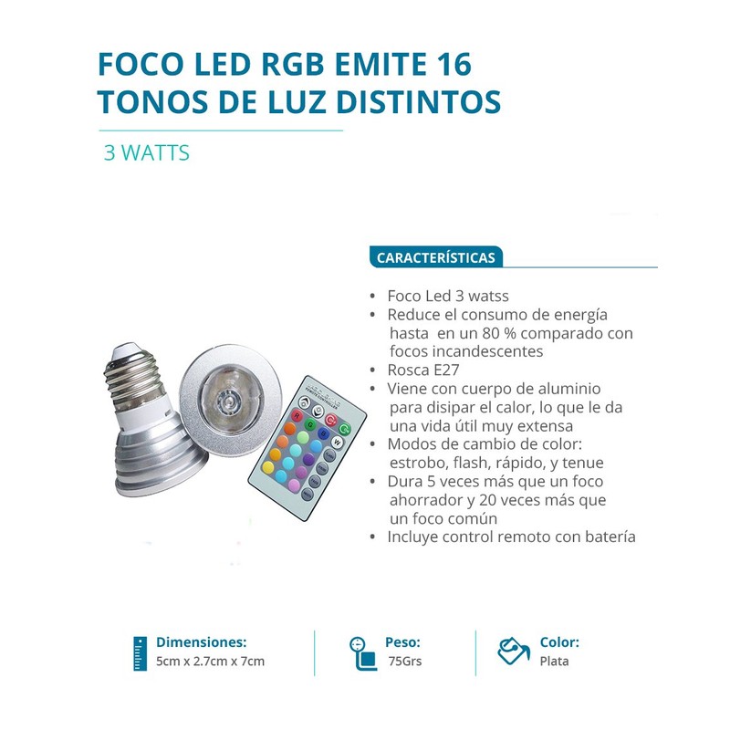 Foco Led Rgb 16 Colores 3w Base E27 Control Remoto