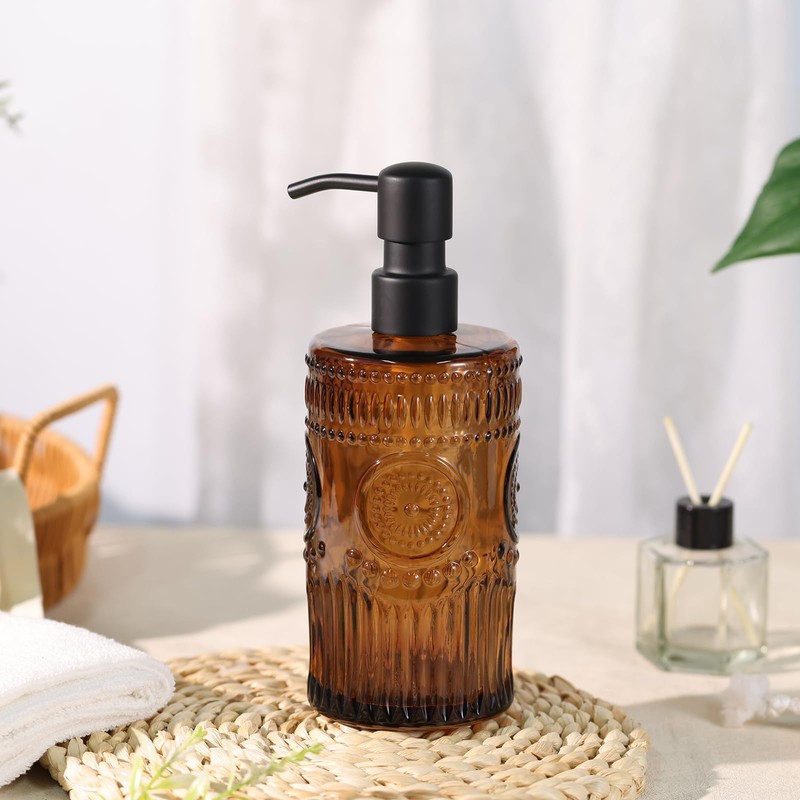 Simeitol 17 OZ Amber Glass Soap Dispenser with Black Stainless