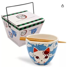 Funky 2 pcs Demon Slayer Tanjiro Fox Mask 16 oz Ramen Bowl Chopsticks Ceramic Clouds