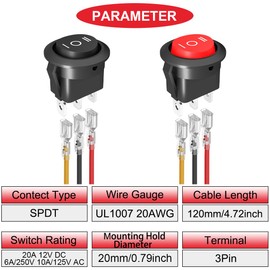 MKBKLLJY 10Pcs 3Way Round Rocker Switch Shell 12V Waterproof 3Pin 3Position ON/Off/ON 6A/250V AC 10A/125V DC SPDT 20mm Red/Black Circle Toggle Switch with Terminal Wire Wiring Cap for Car Boat Marine