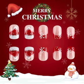 Christmas Snowflake Press on Nails Short Square Nails French Tip Fake Nails with Santa Hat Designs Stick on Nails Christmas Acrylic Nails Full Cover Red Glossy False Nails for Women Nail Designs 24Pcs