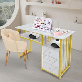 GDNTMU Modern Nail Desk with 3 Drawers, White & Gold Manicure Table for Nail Tech, Sturdy Wood & Steel Frame, Acetone-Resistant Nail Station for Salon & Home
