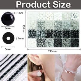 Wavlakth 1600PCS+ Black Glass Beads for Jewelry Making, 8mm White Crackle Lampwork Glass Bead Polymer Clay Beads Round Spacer Crystal Beads for Friendship Bracelet Necklace Earring (White+Black+Grey)