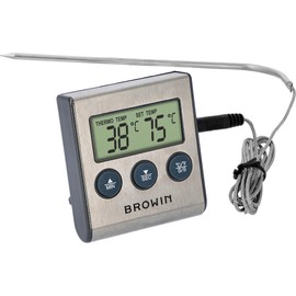 Browin 185609 Food Thermometer with Stainless Probe for Meat, Steel - 1.5 m | From 0 to 250°C | Timer, Alarm, Electronic Display, Thermometer for Meat