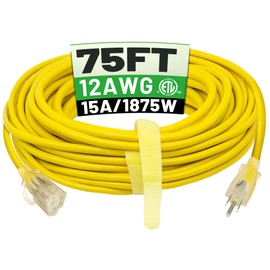 POWGRN 12/3 75 Ft Outdoor Extension Cord Waterproof Heavy Duty with Lighted Indicator 12 Gauge 3 Prong, Flexible Cold-Resistant Long Power Cord Outside, 15Amp 1875W SJTW Yellow ETL Listed