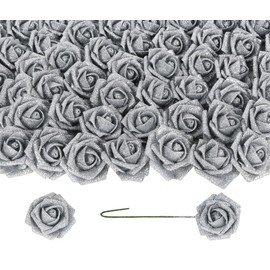 IPOPU 50pcs Silver Glitter Roses Artificial Flowers 1.97" Silver Glitter Foam Fake Roses with Stems for Centerpiece Table Decorations Wedding DIY Party Bridal Baby Shower Floral Arrangements