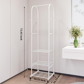 SUOERNUO Clothes Rack With Wheels and 3-Tier Metal Shelves,Clothing Rack For Hanging Clothes With 4 Hooks,Garment Rack Wardrobe Organizer for Small Space,Black (white, 16.54 * 18.23 * 72.05)