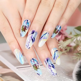 TBRZTR Thanksgiving Press on Nails Medium Almond Fall Maple Leaves False Nails with Blue Marbling Design Blue Smudge French Coffin Nails Full Cover Acrylic Nails Reusable Glue on Nails for Women