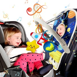 TOYMNI Car Seat Toys for Baby Infant 6 Months and Up, Carseat Toys with Musical Pedal Piano, Baby Mirror and Hanging Squeaky Sensory Soft Baby Toys 6 to 12 Months, Baby Car Toys Rear Facing