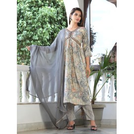 G4Girl Aliya-Cut Kurti Pant With Dupatta For Women's (Grey), Grey, 3X-Large