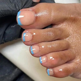 Artquee Blue French Tip Press on Toenails for Women Short Fake Toe Nails with Adhesive Reusable Square Glossy Full Cover Toenail Kit - 30 Pcs in 15 Sizes