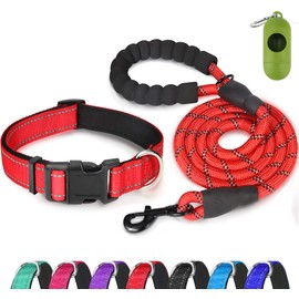 Dynmeow Reflective Dog Collar and Leash Set, 6FT Strong Climbing Rope Leash with Padded Handle, Adjustable Pet Collar with Soft Neoprene Padding for Puppy Small Dogs (Red,XS)