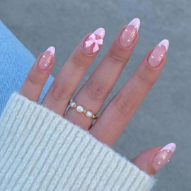 Pink Bow Press on Nails Medium Almond Fake Nails Nude Pink Nail Tips with Pearl Design Cute False Nails Stick on Nails Glossy Acrylic Glue on Nails Full Cover Artificial Nails for Women 24Pcs