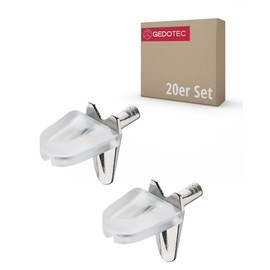 Gedotec Glass Shelf Support 3 mm Shelf Support with Fuse - H9638 | Shelf Support for Wood and Glass Floors | Nickel-Plated Steel - Transparent Plastic | Pack of 20 - Shelf Support Pins for Furniture