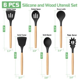 TeamFar Cooking Utensils Set, Silicone Kitchen Utensils with Wooden Handles Set of 6, Slotted Turner Soup Ladle Spoon for Non-stick Cookware, Healthy & Heat-Proof, Non-Scratch & Non-Stick, Black