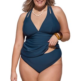 CUPSHE Women's Tankini Set Two Piece Swimsuit Mid Rise V Neck Crisscross Adjustable Straps Cutout Ruched, 3XL/20 Plus
