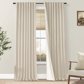 SHINELAND Light Beige Linen Blackout Curtains 90 Inches Long for Bedroom Living Room Dining Room 2 Panels Ceiling Curtain for Door Window Back Tab with Insulated Liners