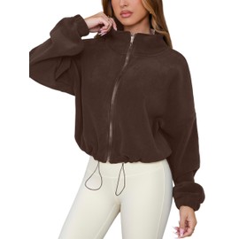 SHELOOKS Womens Casual Fleece Short Jacket Full Zip Stand Collar Sherpa Crop Coat (Coffee, Large)