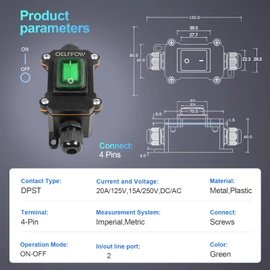 Waterproof On Off Toggle Switch Double Outlet with Green Light Rocker Button Inline Cord Switch DPST AC/DC 20A-125V,16A-250V,30A-24V,35A-12V, IP66