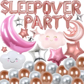 47 Pieces Sleepover Party Decoration Rose Gold Sleepover Birthday Party Balloons Banner Cute Moon Star for Kids Boys Girls Pajamas Slumber Party Night Out Party Decoration (Rose gold)