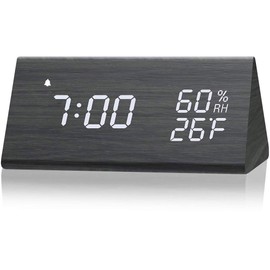 Digital Alarm Clock, Wooden Alarm Clock with Electronic LED Time Display, Humidity & Temperature Detect 3 Alarm Settings 3 Level Brightness Electric Clock for Bedroom Bedside Desk (Black wood)
