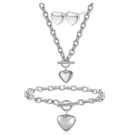 RLHRNDE 3 Pcs Heart Jewelry Set for Women Unique Hip-Hop Stainless Steel Chunky Link Chain Pendant Necklace Bracelet Elegant Charm Heart Stud Earrings Valentines Day Anniversary Birthday Jewelry Gifts (Silver)