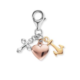 Engelsrufer Women's Charm Pendant Love & Hope Made of Sterling Silver – Three Symbols Cross, Heart and Anchor – Tri-Colour Silver, Gold and Rose Gold – Lobster Clasp – Nickel-Free, Sterling Silver, No