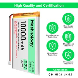 Meshnology 2pcs 3.7V 10000mAh Li Battery with USB Charger Cable 1163115 1S LiPo Battery with Protection Board Insulated Rubber Tape and Micro PH2.0 Plug for Arduino ESP32 Module Board Drone RC Car