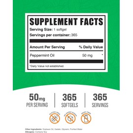 BulkSupplements.com Peppermint Oil Softgels - Peppermint Supplement, Peppermint Oil Pills, Peppermint Oil Capsules 50mg - Gluten Free, 1 Softgel per Serving, 365 Count (Pack of 1)