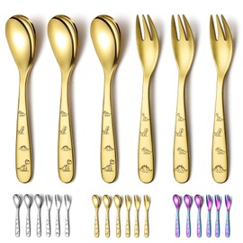 Evanda Gold Kinderbesteck Mit, Gold Titan beschichtet 6 Stück Edelstahl Kleinkinderbesteck, Kinderbesteck Gabeln und Löffel, spiegelpoliert glattes rundes Geschirr und spülmaschinenfest