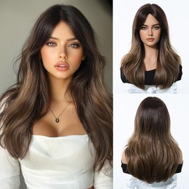 Esmee Long Straight Ombre Brown Wig for Women with Curtain Bangs Natural Synthetic Hair Wigs for Daily Party Use