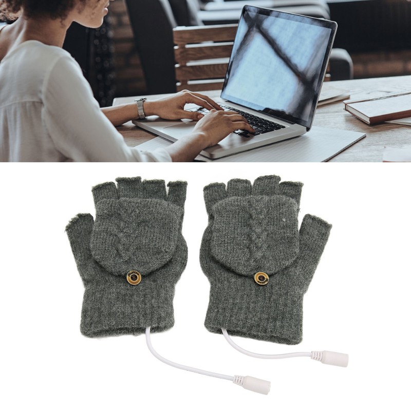 USB Warmer Heated Gloves Flip Half Fingerless Electronic Knitted Hand