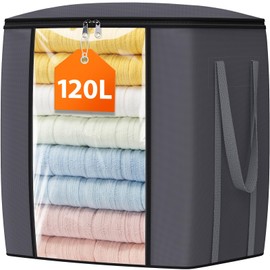 TasticTotes 120L Extra Large Clothes Storage Bags, Foldable Blanket Storage and Organization, Thick Fabric Containers with Reinforced Handles & Zippers for Clothing, Comforters, Bedding, Gray, 1 Pack