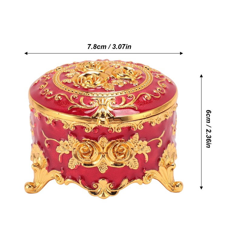 Vintage Metal Jewelry Box Round Exquisite Hand Carved Gold Flower