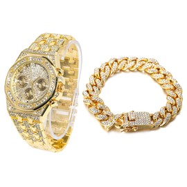 Halukakah Diamond Gold Watch, Men's 18K Real Gold-Plated/Platinum White Gold-Plated 40 mm Wide Roman Numerals Dial Quartz Bracelet 22 cm with Cuban Link Chain 20 + 45 cm Necklace Bracelet with Gift