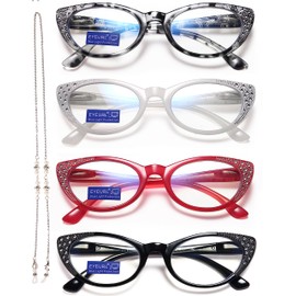 EYEURL Cat Eye Reading Glasses for Women Blue Light Blocking 4 Pack Computer Readers 1.50 Spring Hinge Anti UV Fashion Lightweight Frames Eyeglasses