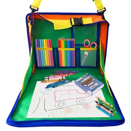 ArtCreativity Kids Travel Tray with Crayons and Paper - Adjustable Car Seat Table Tray with 16 Crayons, 20 Paper Sheets, and 5 Clear Pockets for Storage - Road Trip Travel Tray for Kids