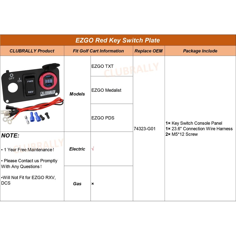 CLUBRALLY Golf Cart Key Switch Console Plate-Red